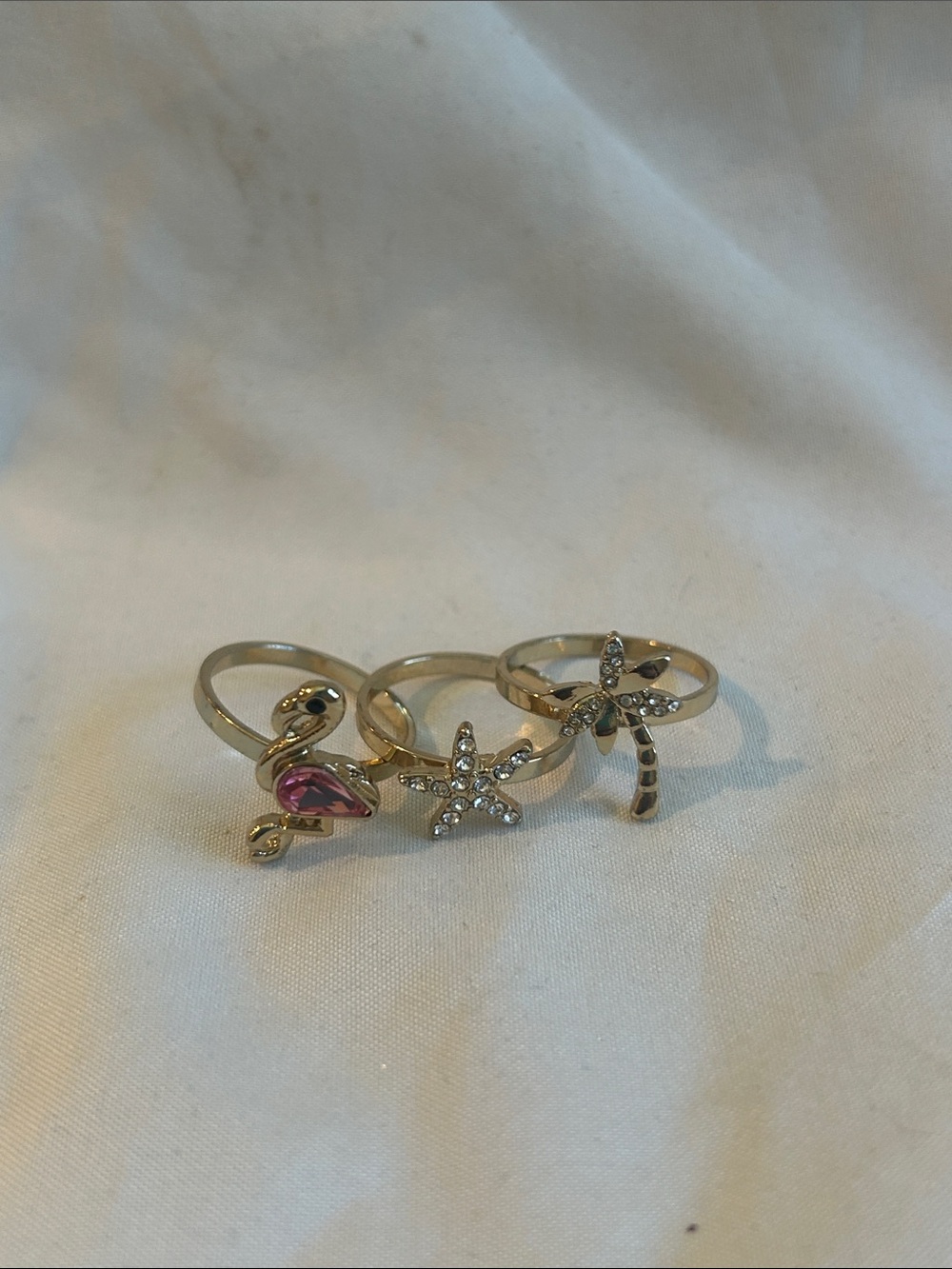 Gold-Tone Beach Charm Ring Set with Pink Gem